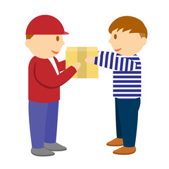 Fototapeta na wymiar Delivery man in red uniform handing a parcel to customer vector