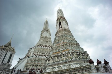 High angle picture of ancient pagodas in the Buddhism temple in Thailand.