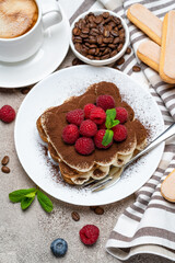 portion of Classic tiramisu dessert with raspberries and cup of coffee on grey concrete background