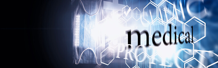 Personal protective equipment. Disposable medical mask. Gauze bandage for respiratory protection. Medical accessories.