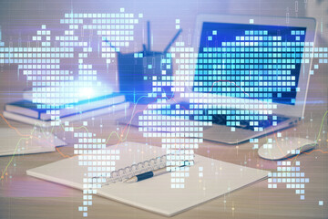 Multi exposure of business theme icons and table with computer background. Concept of success.