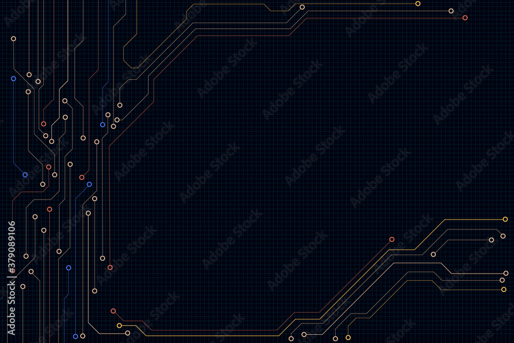 Aufkleber Circuit Board Modern Color Processing Futuristic Element Technology Background. Colorful Abstract PCB Trace Data Transfer Design Vector.