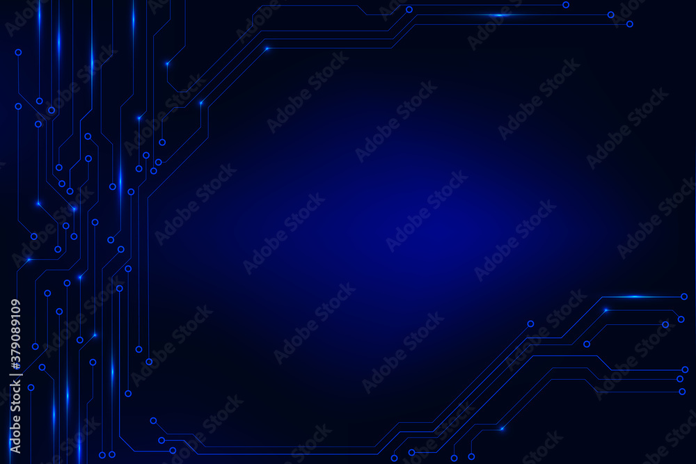 Poster Circuit Board Sci fi Processing Futuristic Element Technology Background. Glow Blue Abstract PCB Trace Data Transfer Design Vector.
