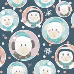 Christmas pattern with teddy bear portraits in circles.