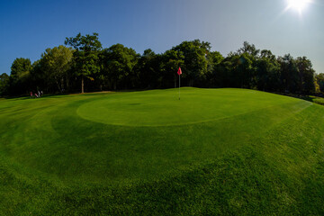 Fototapeta premium sunny fisheye wide view of putting green hole on golf course
