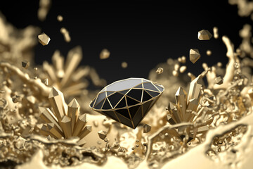 Abstract Black Diamond with Golden Liquid Splash Soft Focus , 3D Rendering