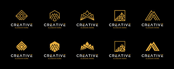 Set of abstract mountain logo template. collection initial letter m with mountain logo design vector.