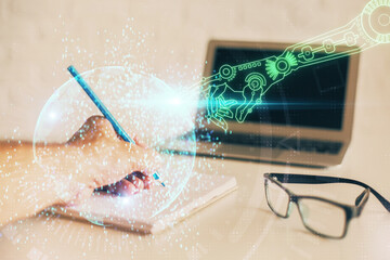 Writing man with technology icons. . Double exposure. Network and data concept.