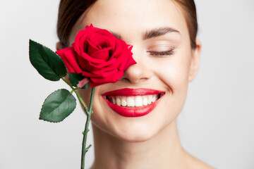 Woman portrait Smile red lips rose attractive look 