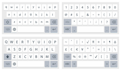 Mock up light keyboard of smartphone. Set of vector mobile keyboards full set. Alphabet and numerals buttons. Compact virtual keyboard for mobile device. Vector