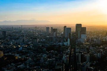 Fototapeta na wymiar 六本木ヒルズから眺める東京の街並み 夕方 渋谷・富士山方面