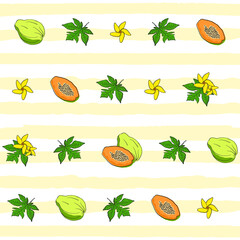 Fruit vector illustration background with papaya fruit leaves and flowers