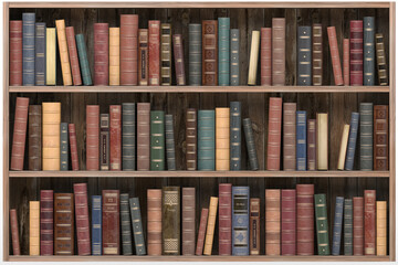 Vintage books on old wooden shelf isolated on white. Old library or antique bookshop.
