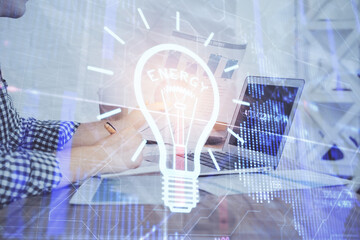 Growing arrows with businessman working on computer on background. Success concept. Double exposure.