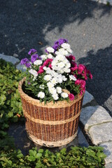 Korb mi Blumen auf dem Friedhof 