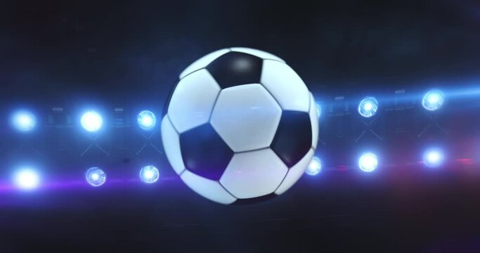 Flying football and soccer ball with flashing stadium spotlights in the night. Rotating sport ball. Sport 4k video background in endless loop.
