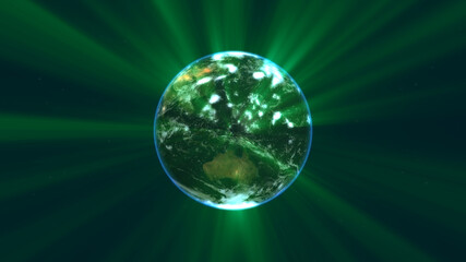 earth globe with glowing details and light rays. 3d illustration.