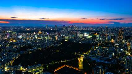 Fototapeta na wymiar 六本木ヒルズから眺める東京の街並み 夕暮れ 新宿方面