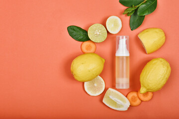 Cosmetic bottle containers with fresh lemon slices, Blank label for branding mock-up, Natural...