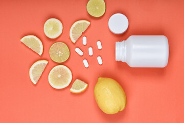 Vitamin C nutrition pills, Natural medicine supplement from organic fresh fruit and vegetable, Healthy beauty food diet.