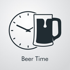 Logotipo con texto Beer Time con reloj y jarra de cerveza vintage con espuma en fondo gris