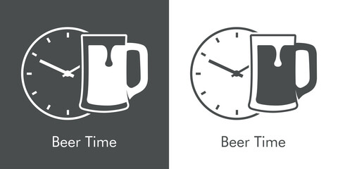 Logotipo con texto Beer Time con reloj y jarra de cerveza vintage con espuma en fondo gris y fondo blanco