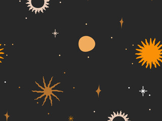 Obraz na płótnie Canvas Hand drawn vector abstract flat stock graphic icon illustration sketch seamless pattern with celestial moon,sun and stars, mystic and simple collage shapes isolated on black background