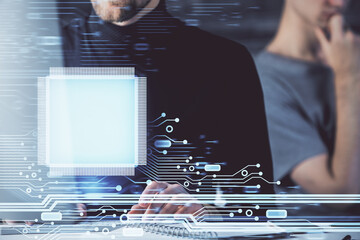 Multi exposure of data internet theme hologram with man working on computer on background. Concept of innovation.