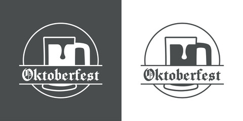 Obraz premium Pinta de cerveza. Logotipo jarra de cerveza vintage con espuma en círculo con texto Oktoberfest en fondo gris y fondo blanco