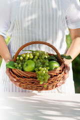 Girl holding a basket with fruit harvest