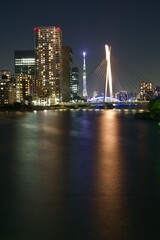 Fototapeta na wymiar 佃大橋から見ると中央大橋ライトアップ 永代橋方面