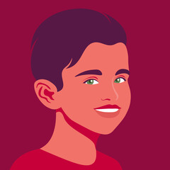 Portrait of a happy boy. The face of a smiling child. Avatar of a schoolboy. Vector flat illustration
