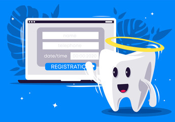 vector illustration of a cartoon tooth calls for online registration on the Internet on a laptop, a web page for filling out a questionnaire for a dentist appointment