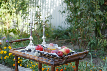 Rosh Hashanah traditional food. Rosh Hashanah. Honey and apples on wooden table. Jewish holiday...
