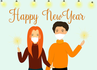 A girl and a boy in masks are holding sparklers. Happy New Years signature. New year 2021. New year in the coronavirus epidemic. Christmas garland. Festive mood.