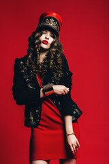 hot pretty woman in red dress and black jacket