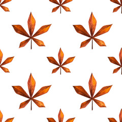 Autumn warm bright watercolor seamless pattern with items of comfort food coffee cocoa pumpkin apple menu cinnamon fallen leaves