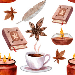 Autumn warm bright watercolor seamless pattern with items of comfort food coffee cocoa pumpkin apple menu cinnamon fallen leaves