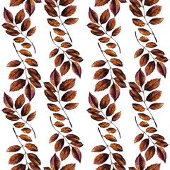 Autumn warm bright watercolor seamless pattern with items of comfort food coffee cocoa pumpkin apple menu cinnamon fallen leaves