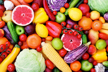 Fresh ripe fruits and vegetables, summer harvest background