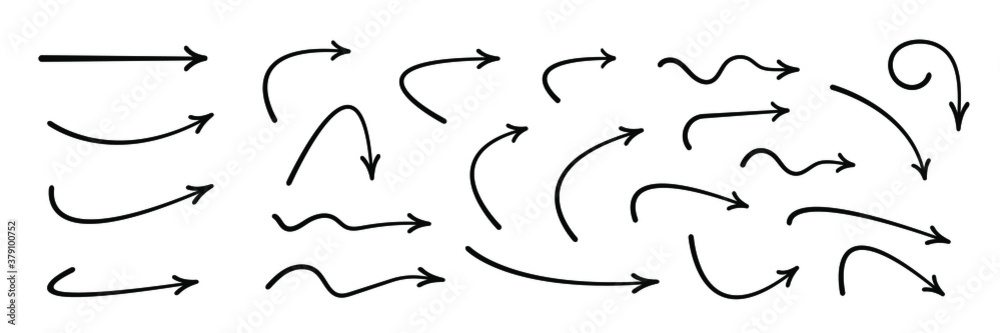Wall mural hand drawn curved arrows . sketch doodle style. collection of vector pointers.