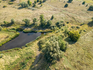 Small lake among green meadows. Summer sunny day. Aerial drone view.