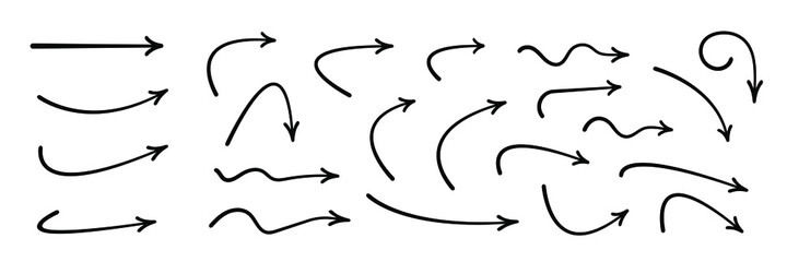 Hand drawn curved arrows . Sketch doodle style. Collection of vector pointers.
