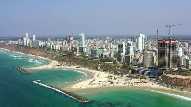 Aerial view of Netanya cliffside coastline, Israel.