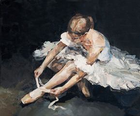 Young beautiful ballerina in lush white and light white dress sits on the floor before the performance, the background is black. Oil painting on canvas. - obrazy, fototapety, plakaty