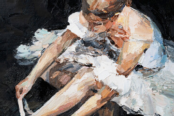Young beautiful ballerina in lush white and light white dress sits on the floor before the performance, the background is black. Oil painting on canvas. © Mariia