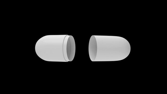 3D animation of a white empty medical capsule expands into two halves on a black background. Alpha channel. 4K resolution.