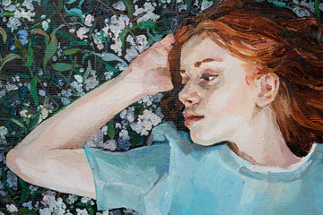 Red-haired beauty, a young girl dreams on the field among different summer herbs and wild flowers. Oil painting on canvas.