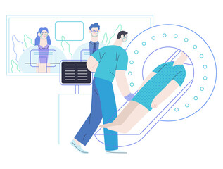 Medical tests illustration - MRT - magnetic resonance tomography - modern flat vector concept digital illustration of MRI procedure - a patient in the scanner and doctor, medical office or laboratory