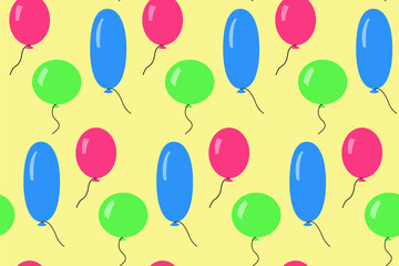 Seamless pattern with colorful balloons on yellow board. Green, blue and pink colors. Beautiful print for textile, greeting cards, wrapping paper and design. Celebration spirit. Jpg file